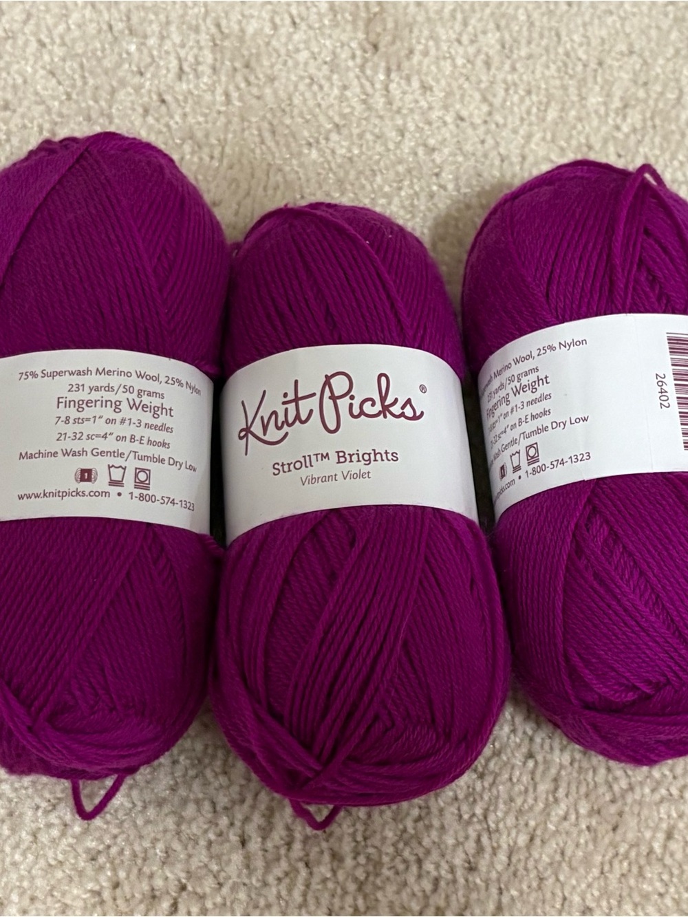 Knit Picks Stroll Brights Yarn- Vibrant Violet (3 Skeins) Fingering Weight